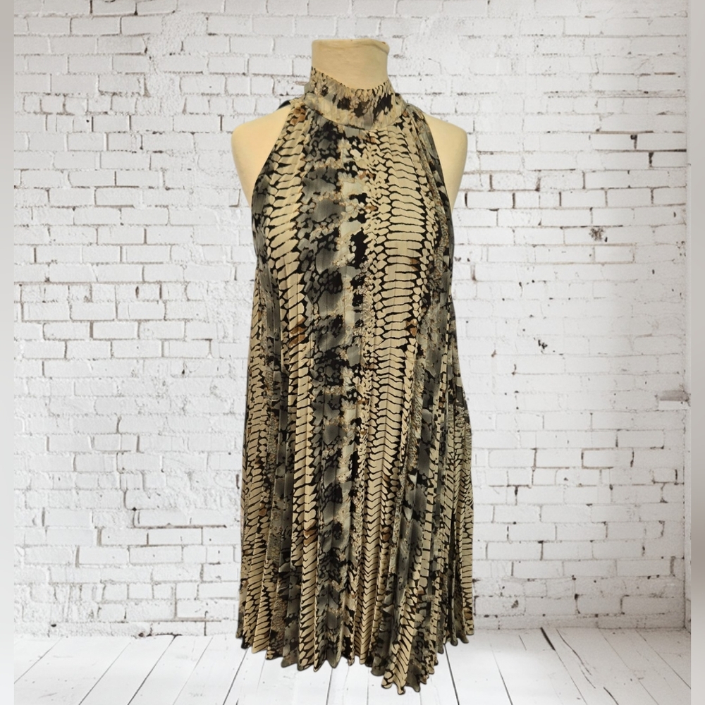 EUC Dots Snake Skin Look Pleated Mini Party Dress with Long Neck Ties
